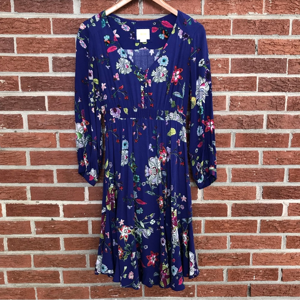 Anthropologie Maeve 3/4 Sleeve Floral Dress Blue Size Small